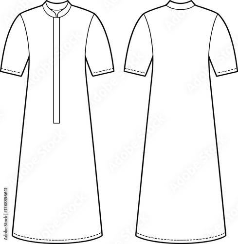 CAD drawing flat vector illustration, fashion technical sketch, modest dress design, stand collar, flared silhouette, garment