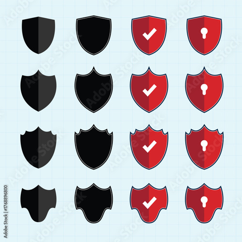Shield check mark logo icon set. Safety icon set. Collection of Blank Shield Shape on cross soft blue background