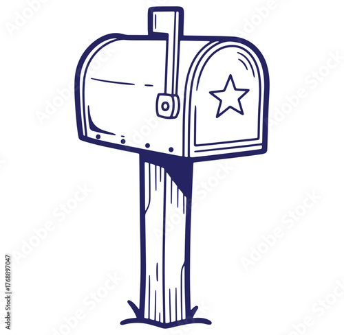 Illustrated hand drawn mailbox with star detail perfect for americana and patriotic design
