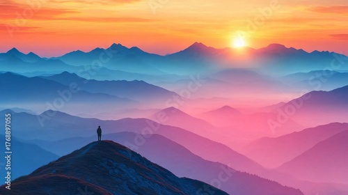 A lone figure stands atop a mountain peak, silhouetted against a vibrant sunset. The layered mountain ranges fade into the horizon, creating a sense of depth and endless expanse. Time is running.