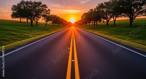 Embark on a breathtaking journey down an endless open road bathed in the warm, golden glow of a vibrant sunset, inspiring adventure and new beginnings.