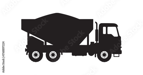 Grain truck symbol. Dark silhouette. Lateral perspective. Construction equipment. Simple vector graphic illustration. The object is isolated on a white backdrop. Isolate
