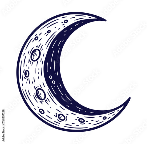 Intricate hand drawn crescent moon illustration depicting celestial body with engraved details