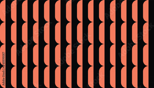 A seamless geometric pattern featuring vertical coral arcs on a black background, forming a rhythmic and minimalist visual