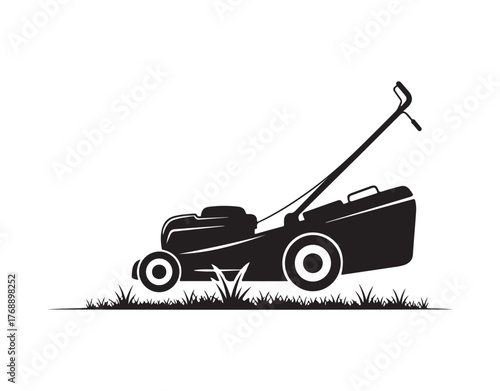 Lawn mower symbol. Silhouette of a lawnmower. Machine for grass maintenance. Vector graphic