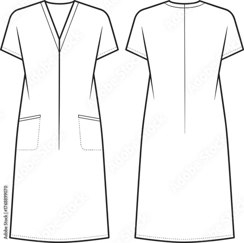 CAD drawing flat vector illustration, fashion technical sketch, dress design template, garment construction, apparel blueprint, sewing pattern layout