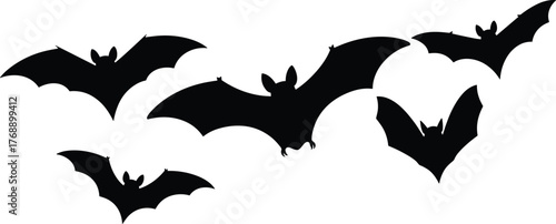 Black bat silhouette flying illustration, spooky Halloween night symbol, gothic vector art design, creepy nocturnal creature graphic for decoration