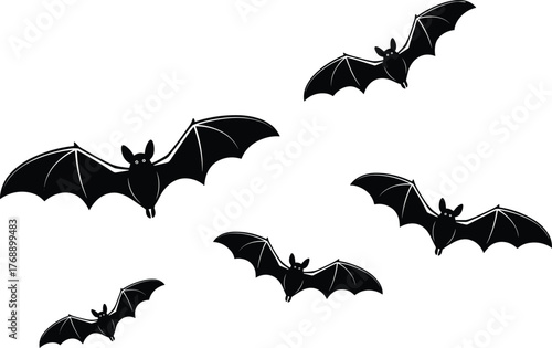 Black flying bat silhouette illustration set, spooky halloween night vector art, gothic animal design, horror decoration graphic for print