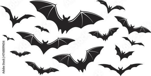 Flying bats silhouette illustration, spooky Halloween background, black bats in flight, nocturnal wildlife pattern, gothic decoration, dark night sky art
