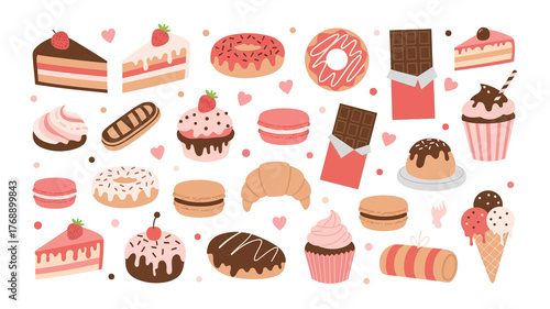 Koleksi makanan manis dan kue pencuci mulut beragam jenis donat cokelat serta cupcake dalam gaya vektor minimalis ceria melambangkan kelezatan toko roti