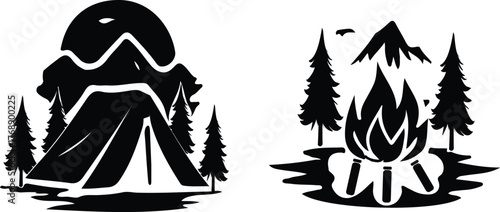 Camping adventure vector set featuring tents, campfire, forest, and mountain scenes under moon and stars, symbolizing outdoor exploration and nature travel.