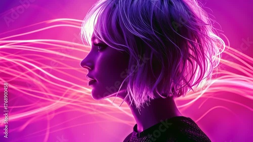 Captivating profile of woman with short, wavy hair, illuminated by vibrant purple and light pink trails, creating dynamic and ethereal atmosphere