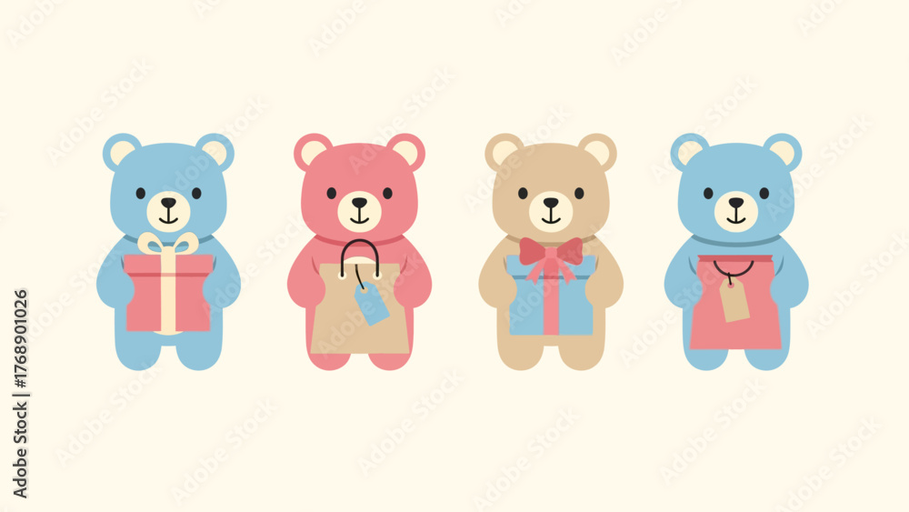 Naklejka premium Cute Cartoon Teddy Bears with Gifts and Shopping Bags for Holiday Season