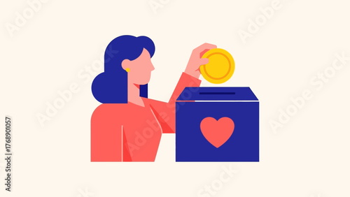 Woman Donating Money to Charity Box with Heart Symbol