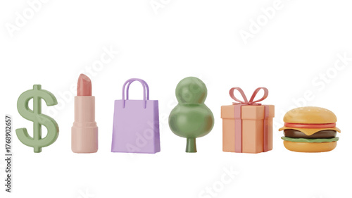 Playful 3D rendering of everyday indulgences money beauty shopping nature gifts burgers set on black