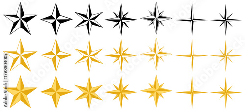set vector star icon collection. golden Wind rose symbol. sparkling star sign design illustration