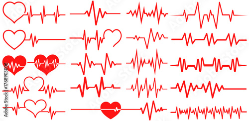 set vector red heartbeat line icon collections. Heart pulse line symbol. Heart rate sign cardiogram graphic design illustration