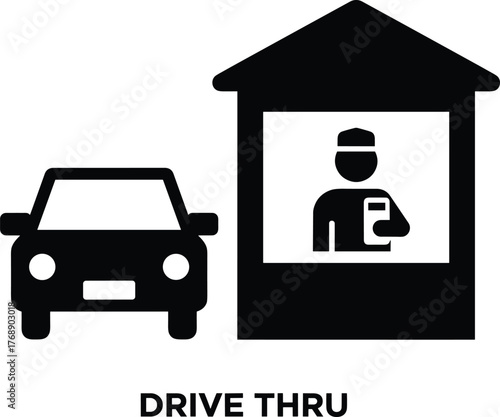 Drive-thru service icon illustration, car at window sketch, fast food concept art, black and white line drawing, minimal design