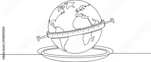 Earth globe on plate illustration, measuring tape around planet sketch, geography concept art, black and white line drawing design