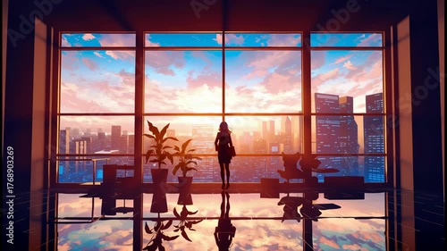 Silhouette of woman by large window, overlooking vibrant city skyline at sunset, capturing tranquility, urban beauty, clouds, and reflection
