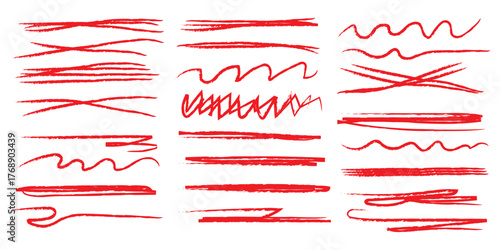 Underline red crayon, scribble stroke pencil lines. Vector set of red hand drawn crayon underline marks and strokes with rough textured sketchy lines, artistic doodle decorations for highlighting text