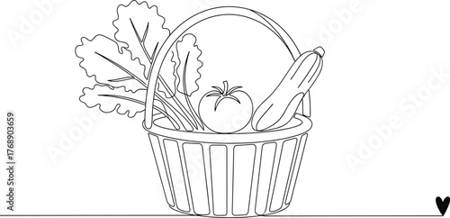 Vegetable basket line art, fresh produce sketch, healthy food illustration, black and white drawing, minimalist farming concept, nutrition design