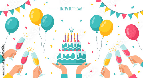 Happy birthday celebration with cake, balloons, and champagne toasts