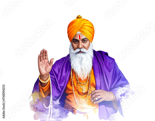 Elderly man with white beard, turban, raises hand in blessing, wearing purple robe, set on a transparent backdrop