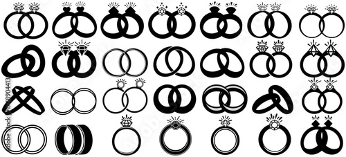 Set vector engagement ring silhouette icon. couple ring shining diamond collections. jewelry wedding ring symbol marriage sign design illustration