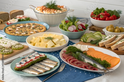 Smörgåsbord Swedish Buffet with Cold and Hot Dishes: Fish, Cheese, Bread, Vegetables