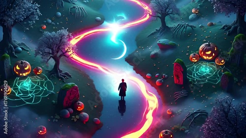 Enigmatic Journey - A Halloween Night Adventure Through a Glowing Forest.