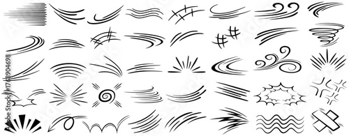 set vector movement doodle comic. speed line cartoon effect. Swoosh Curls motion line elements. bursts line manga design illustration