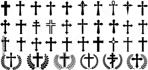 set vector Christian cross sign. Catholic cross ornament symbol. Religion crucifixion ornament sign design illustration