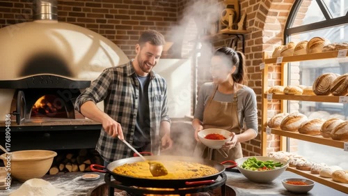 Joyful Couple Cooking a Steaming Hot Meal in a Rustic Kitchen with a Wood Fired Oven.