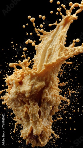 Beige liquid splashes dramatically against a dark background
