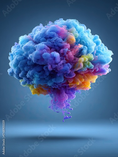 Abstract colorful, cloud-like smoke blooms against blue