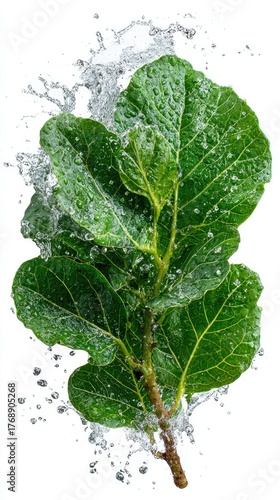 Leafy branch splashed with clear water