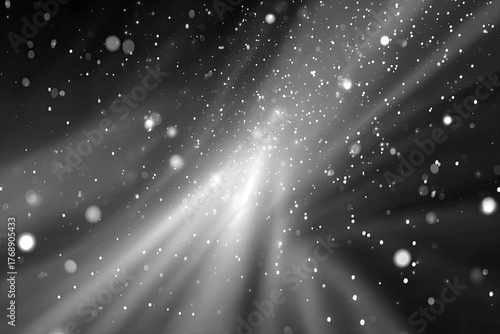 Blurred light beams with bokeh dots on dark backdrop