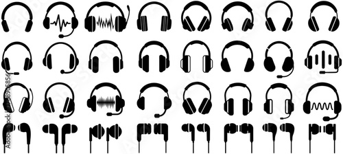 vector set black wireless headphone icon earphone symbol silhouette design illustration