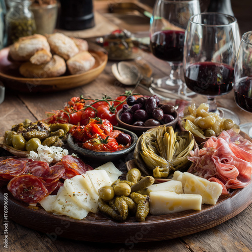 A wooden platter filled with appetizers and glasses of red wine on table