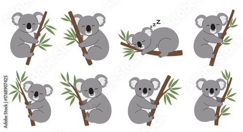 Cute cartoon koalas depicted in various poses climbing on branches with leaves.