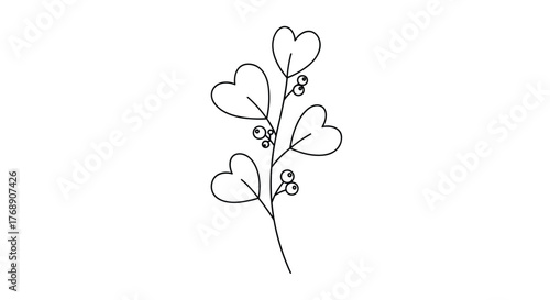A delicate black line drawing of a branch with heart-shaped leaves and small berries.