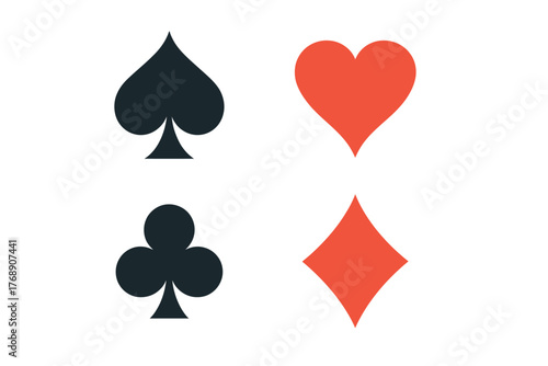 Complete set of classic playing card suit symbols including hearts, diamonds, clubs, and spades in modern flat vector style for casino, poker, gambling, and card game design projects.