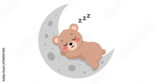 Cute teddy bear sleeping peacefully on a crescent moon with zzz's above.