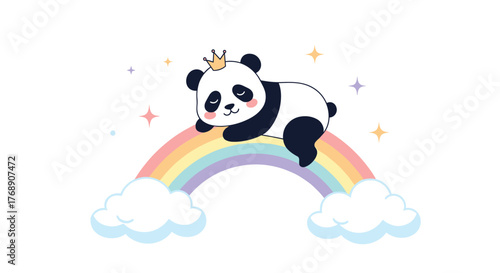 Cute cartoon panda wearing a crown sleeping on a pastel rainbow with clouds and stars.