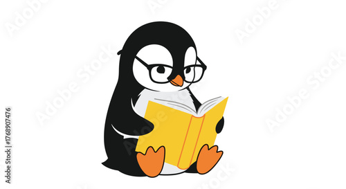 Cute cartoon penguin wearing glasses and reading a yellow book.