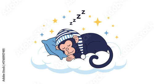 Cute cartoon monkey wearing a striped sleeping cap naps peacefully on a cloud with stars around it.