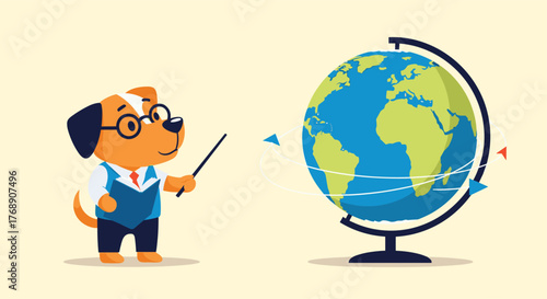 A cartoon dog wearing glasses and a suit points to a globe with airplanes flying around it.