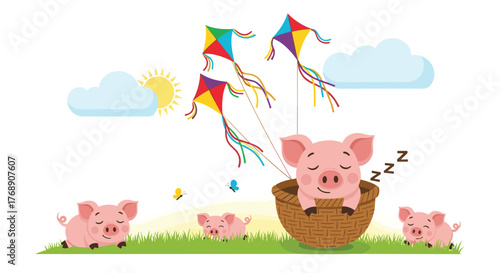 Cute cartoon pigs enjoying a sunny day flying kites and sleeping in a basket.