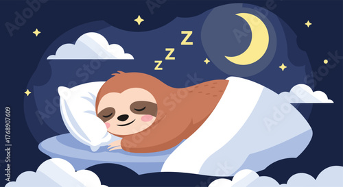 Cute cartoon sloth sleeping peacefully under a starry night sky with a crescent moon.